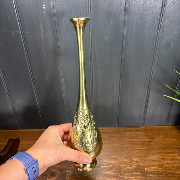 Vintage Brass Vase with Embossed Asian Motif Boho Style Tall Brass Bud Vase - Picture 7 of 14